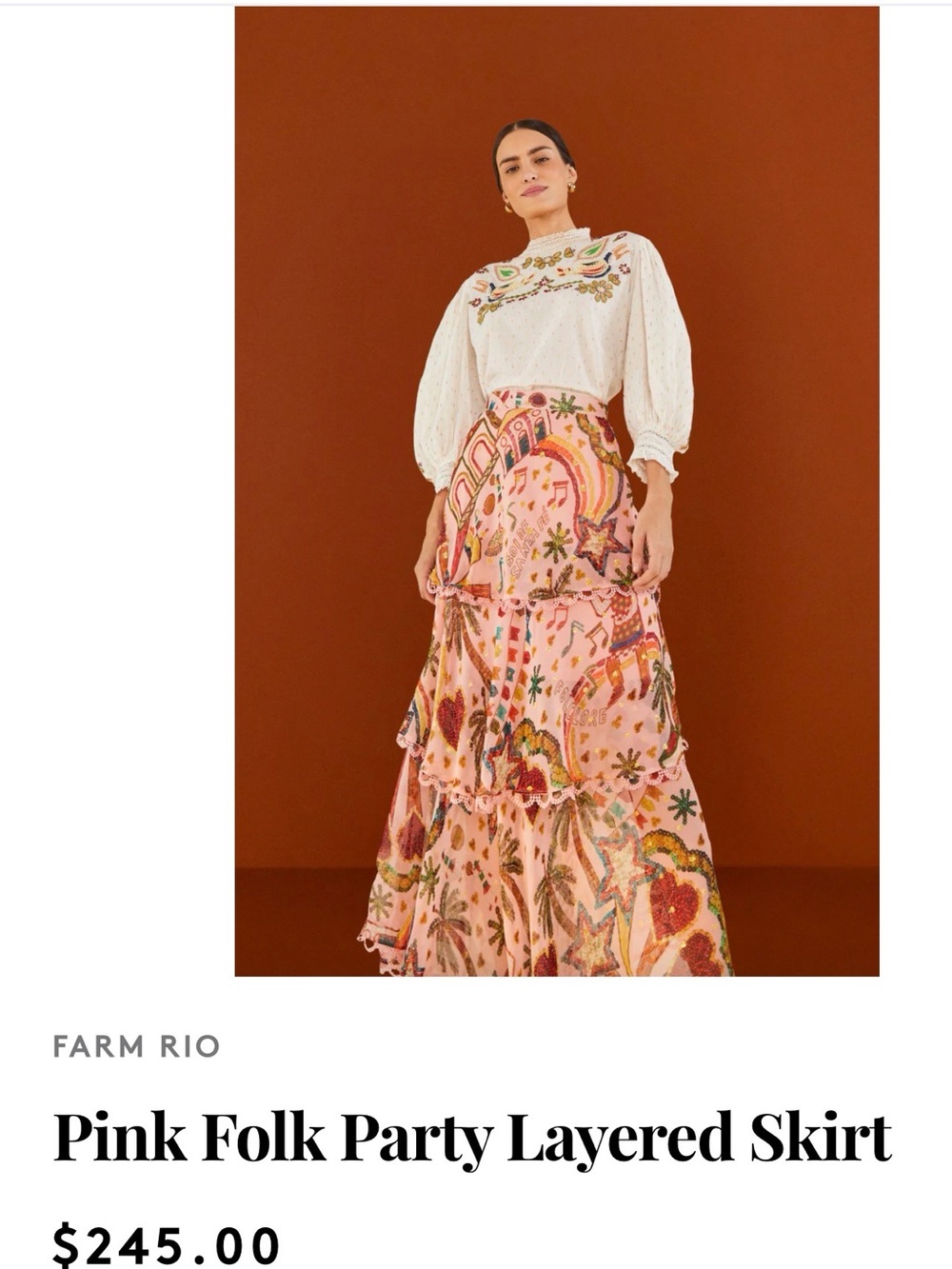 FARM Rio Pink Tiered Maxi Skirt with Multicolor Star & Palm Print